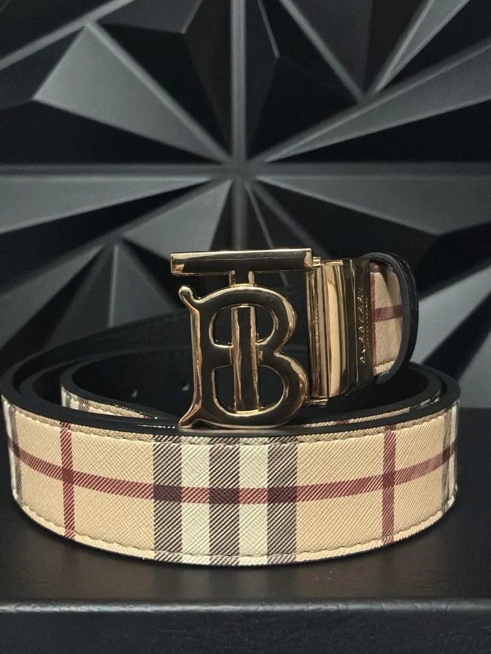 Burberry Beige Plaid Men's Belt with Gold B Buckle